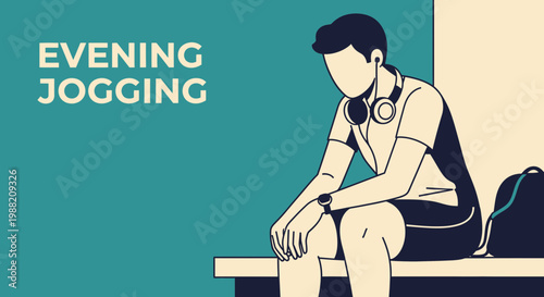 Evening Runner Resting After Workout With Headphones and Sports Gear On the Bench