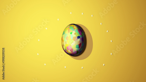 Colorful Mosaic Easter Eggs on Yellow Background with Circular Small Eggs Ornament