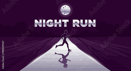 Evening Runner Silhouetted on Illuminated Runaway, Under a Reflective Moon Above
