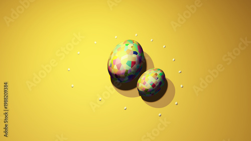 Colorful Mosaic Easter Eggs on Yellow Background with Circular Small Eggs Ornament