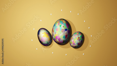 Colorful Mosaic Easter Eggs on Yellow Background with Circular Small Eggs Ornament