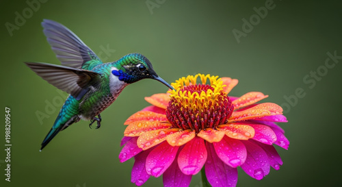 Hummingbird feeding on a vibrant flower in nature