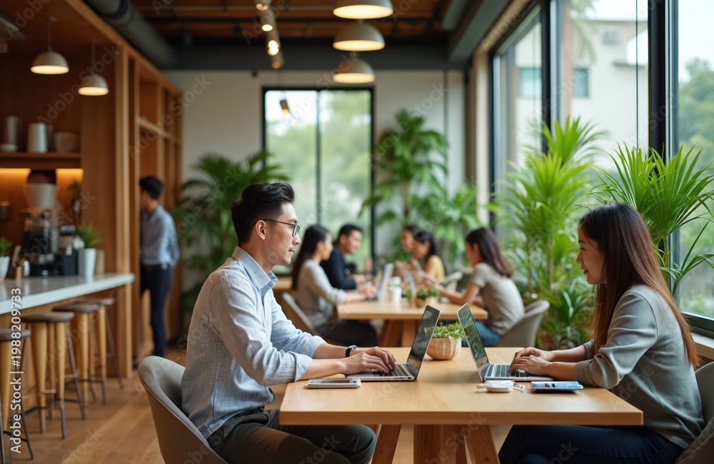 Fototapeta premium Young Asians work on laptops in bright co-working space. People collaborate at tables, surrounded by plants. Modern office with natural light and cozy atmosphere for remote workers.