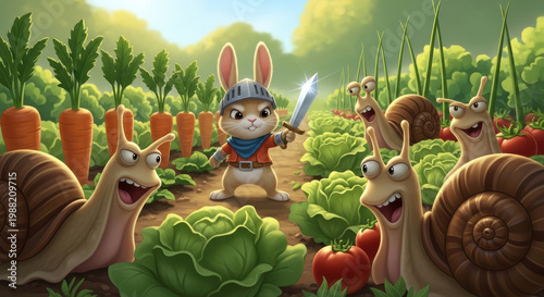 Rabbit Warrior in a Vegetable Garden with Snails