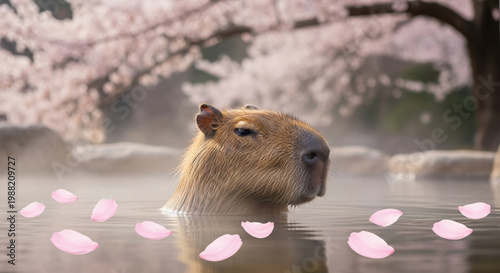 Capybara swimming in cherry blossom petals