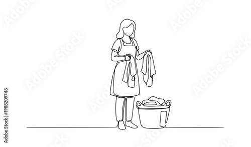 Woman doing laundry continuous one line drawing vector minimalist cleaning housework outline editable stroke