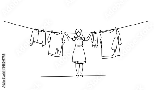 Laundry drying clothes continuous line art vector woman cleaning minimalist housework outline design