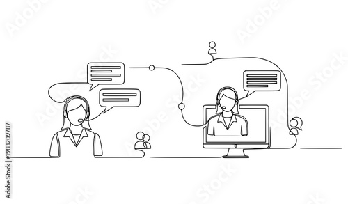 Continuous line customer service vector helpdesk support communication minimalist outline sketch design