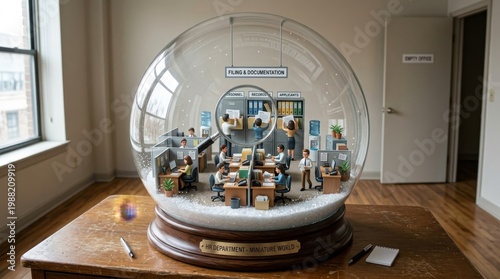 Miniature hr office in a snow globe: tiny employees in cubicles under a glass dome, symbolizing corporate control, bureaucracy, paperwork, surveillance and contained work life