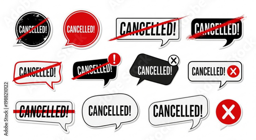 CANCELLED Sticker Pack Vector Set – Modern Status Rejected Label Collection Isolated on White Background