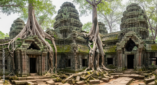 Ancient stone temple with large tree roots growing over structures