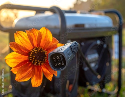 Close-up shot of an orange sunflower with a large black plug positioned in front of a gray portable generator. The background is soft and blurry