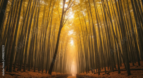 Sunlight Filtering Through Dense Forest in Autumn