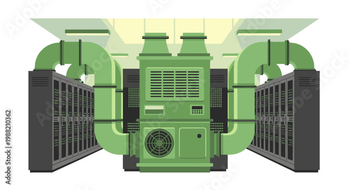 Modern data center cooling system with servers, air conditioning units, and ventilation ducts