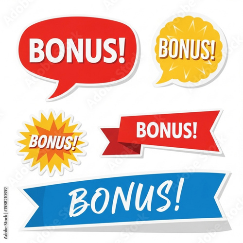 BONUS Sticker Pack Vector Set – Modern Reward Label Collection Isolated on White Background