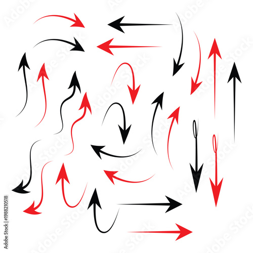 Hand Drawn Curved Arrow Vector Set, Black And Red Doodle Directional Arrows Collection with Swirl, Loop, Wavy and Straight Arrows for Infographic, Flowchart, UI UX Navigation, Web Design, Presentation