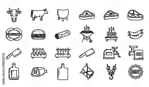 Bold beef outline icons set with cow steak sausage burger and butcher tools for meat industry graphics