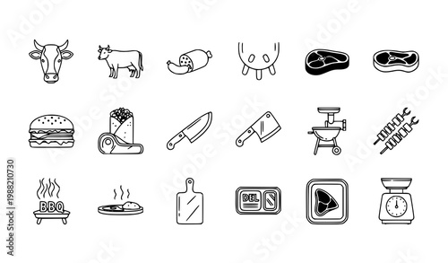 Beef meat line icons collection with cow steak sausage burger and barbecue elements for restaurant design