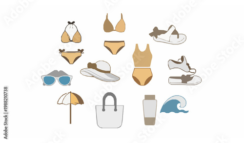 Modern summer swimwear icon collection with bikini swimsuit beach accessories and vacation elements in outline style