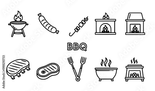Bold grill outline icon set with BBQ sausage kebab fire and barbecue cooking tools for food branding