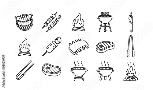 Grill outline icon set with sausage kebab BBQ fire and barbecue cooking elements for restaurant and food design