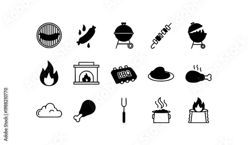 Modern grill icon collection with BBQ sausage kebab fire and barbecue cooking tools in outline style