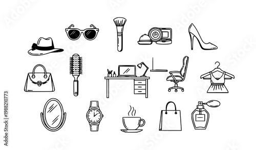 Modern stylish line icon collection with fashion beauty accessories office desk and lifestyle objects in outline design