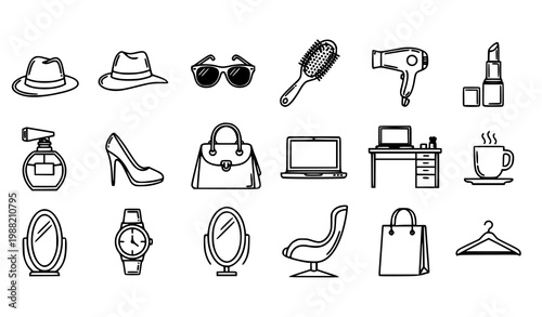 Bold stylish outline icon set with fashion beauty hair accessories and office lifestyle objects for modern design