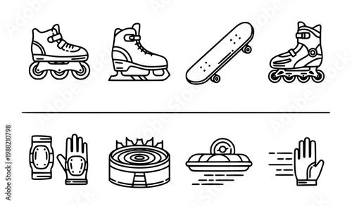 Bold skating outline icon set with roller skate ice skate skateboard and protective gear for sports graphics