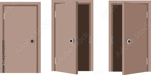 Closed door, partially open door, wide open door, brown wooden doors, choice concept, opportunity symbol, transition metaphor, interior mystery