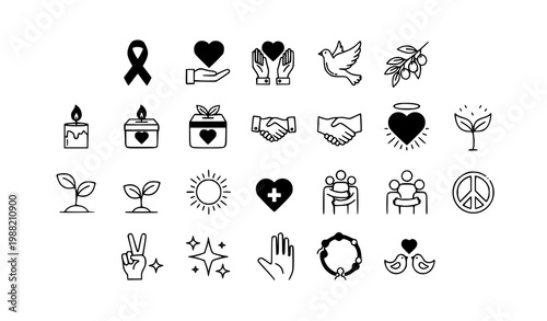 Hope and kindness line icon collection with heart hands dove ribbon and charity symbols in modern outline style