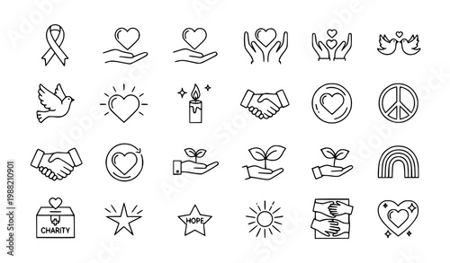 Hope outline icon set with ribbon heart hands dove and charity symbols for awareness and kindness design