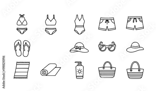 Bold summer beach icon set with bikini swimsuit sun hat sunglasses and vacation accessories for seasonal design