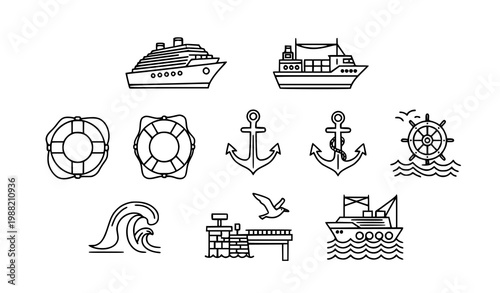 Cruise ship line icon collection with boat lifebuoy anchor and ocean travel symbols in modern outline style