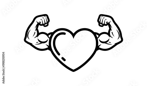 Bold heart muscle icon symbol with flexing arms fitness strength and health motivation vector design