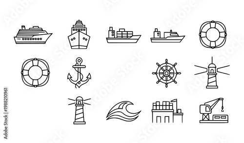 Cruise outline icon set with ship boat lifebuoy anchor and maritime travel symbols for marine and tourism design