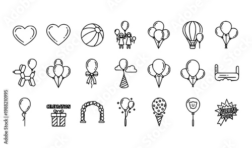 Modern balloon icon collection with heart balloons beach ball family and party celebration elements in outline style
