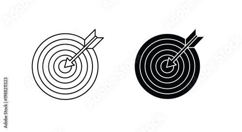 Vector graphic illustration of a target with an arrow hitting the bullseye in two styles
