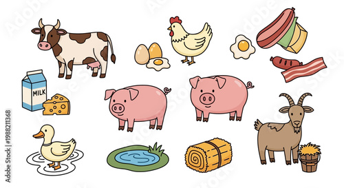 Fotografia Farm animals and food illustration set.