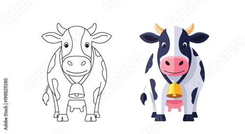 Vector illustration of a smiling cow in black and white and colored versions side by side