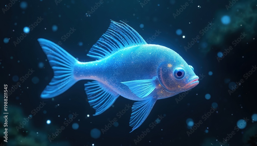 Fototapeta premium Blue luminescent fish swims in dark deep ocean. Translucent fins glow with bioluminescent body. Tiny light particles drift around aquatic creature in deep sea environment.