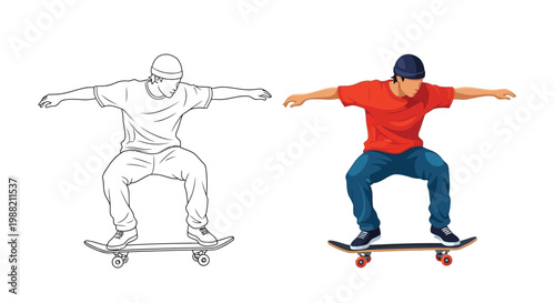 Vector illustration of young man skateboarding in dynamic pose with color and line art versions