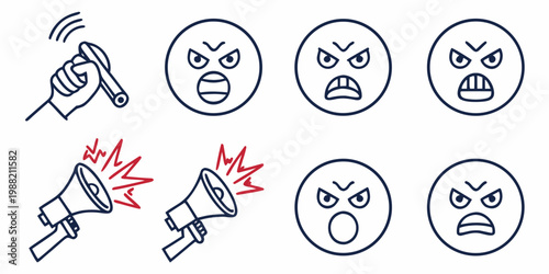 Canvas Print Angry faces and megaphone line expressions emotions
