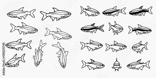 Set of hand-drawn fish illustrations in various poses and styles, perfect for aquatic and marine designs.