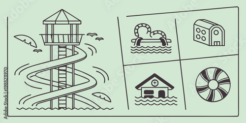 Amusement park with lighthouse, water slide, and beach summer