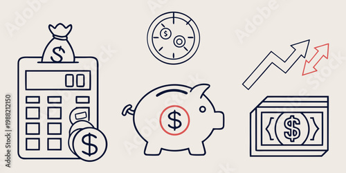 Financial and symbols for business and money finance calculator piggy bank