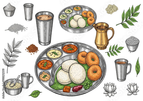 Traditional Indian Breakfast Food and Drinks Illustrated