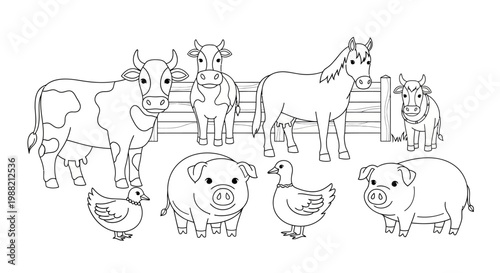 Farm animals standing together on field.