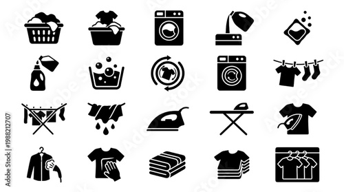 Laundry process icon set, washing drying ironing clothing care symbols, household cleaning rounded vector UI collection