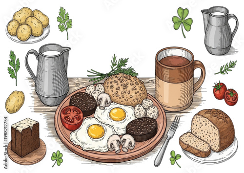 Full English Breakfast with Black Pudding, Eggs, Mushrooms, Bread and Tomatoes